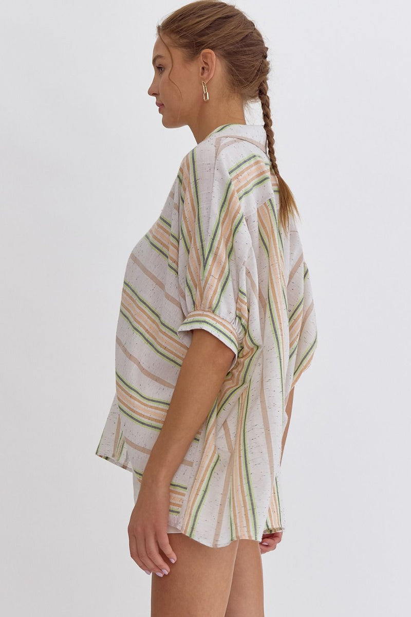 ENTRO stripe woven button up top white