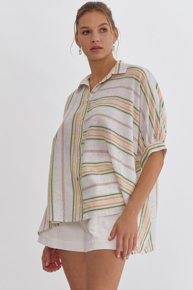 ENTRO stripe woven button up top white