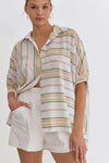 ENTRO stripe woven button up top white