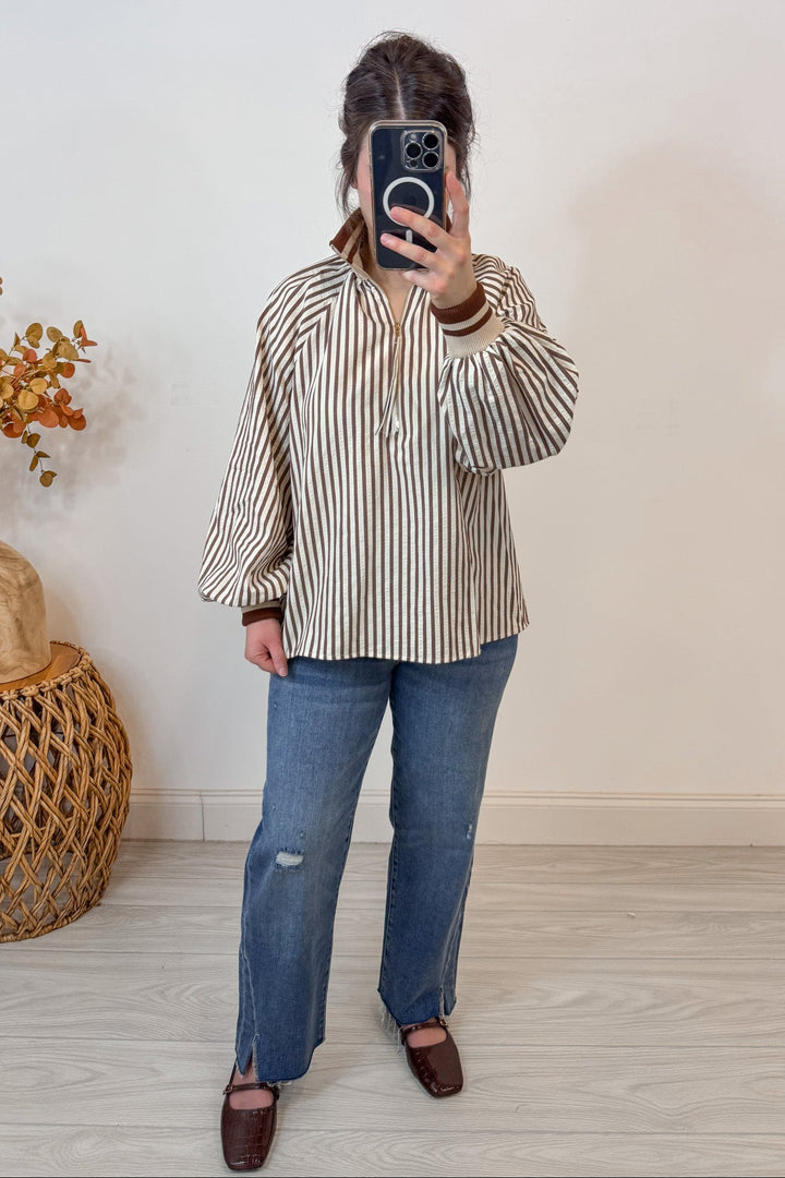 entro striped taupe brown top