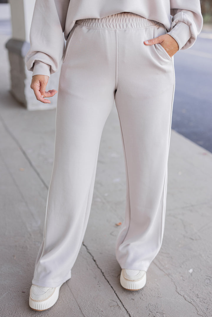 Women's mocha cream scuba knit straight leg pants by Rae Mode showing up close front view