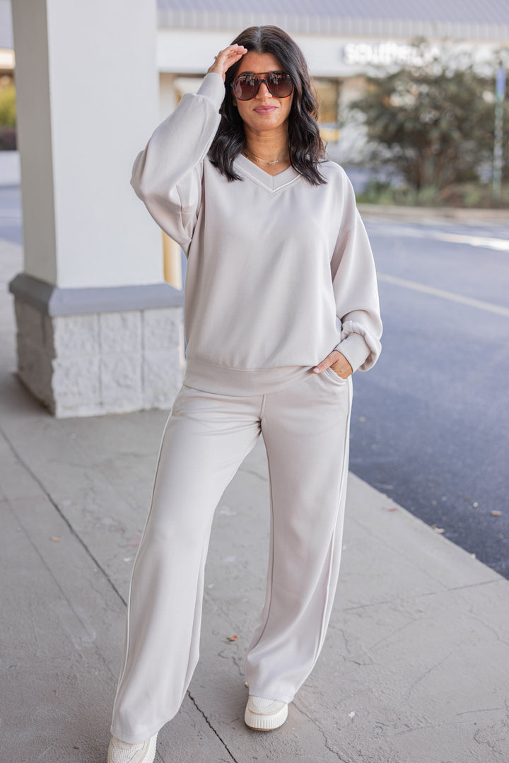 Women's mocha cream scuba knit straight leg pants by Rae Mode showing full front view