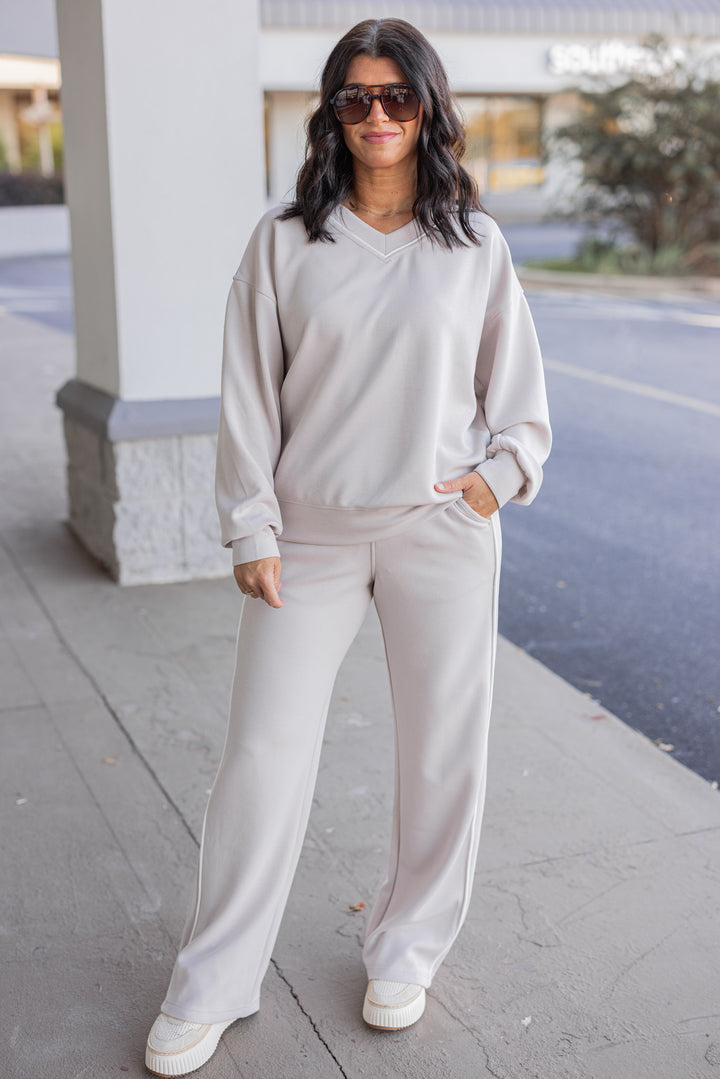 Women's mocha cream scuba knit straight leg pants by Rae Mode, perfect for casual days