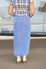 front slit denim midi skirt