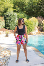 black floral elastic waist dressy summer shorts