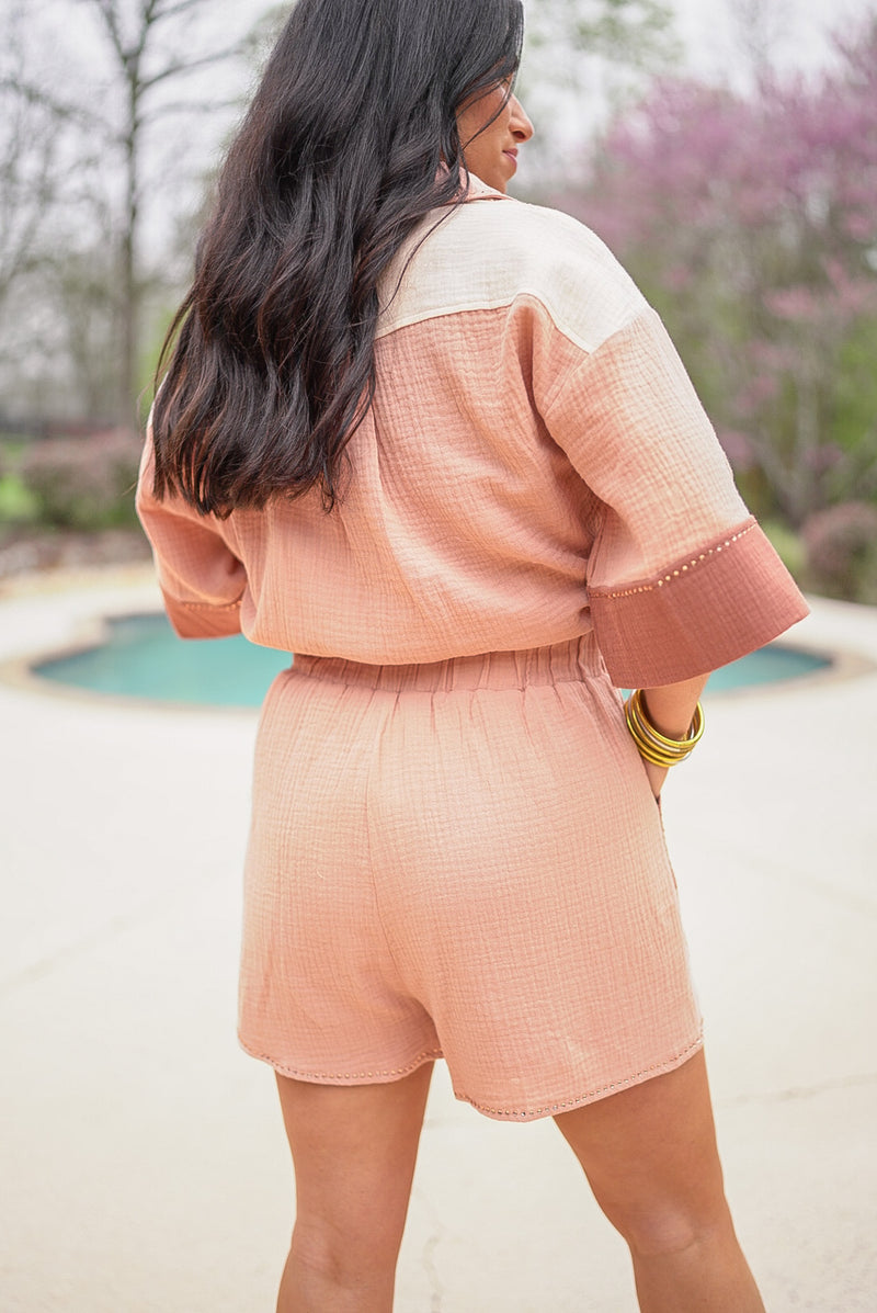 taupe gauze crinkle stretch waist shorts