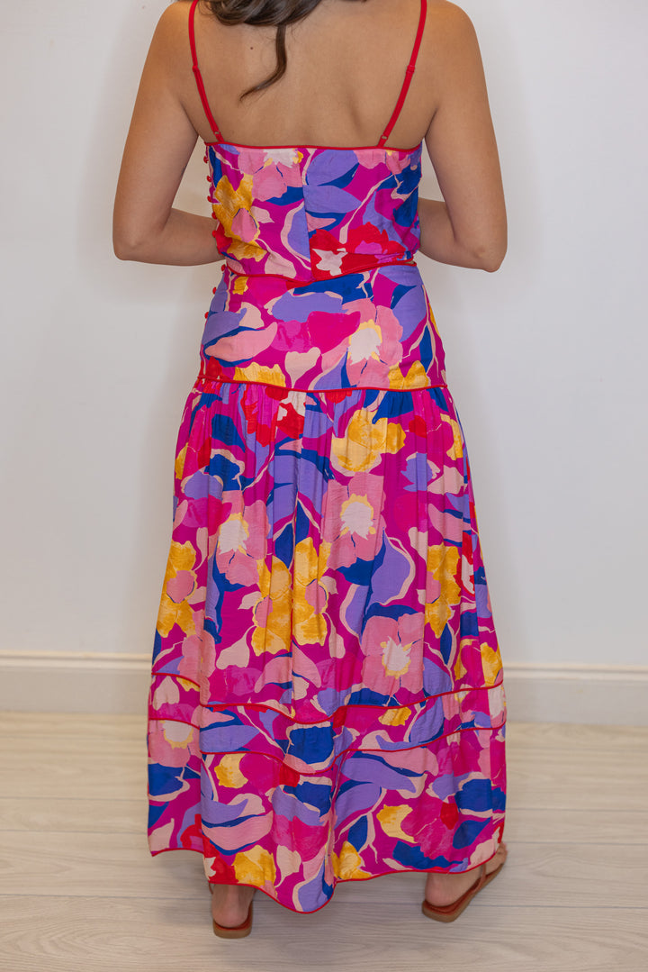 pink blue floral printed midi skirt matching set