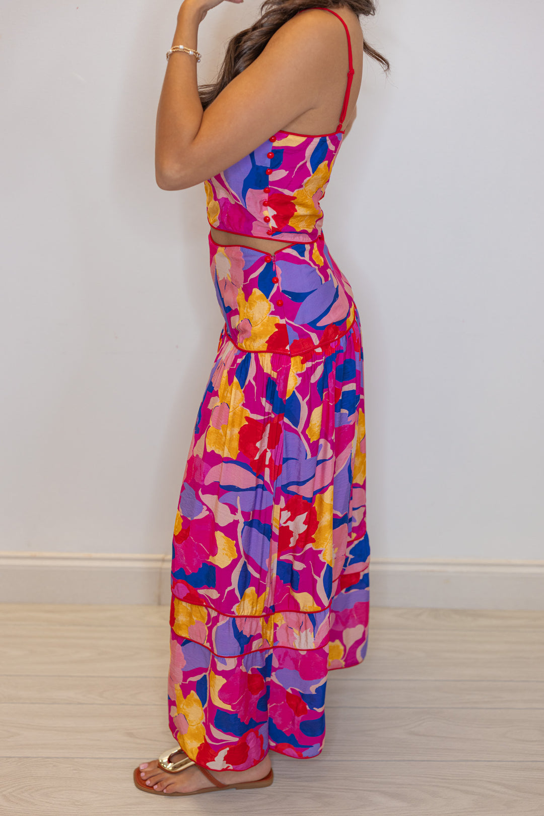 pink blue floral printed midi skirt matching set