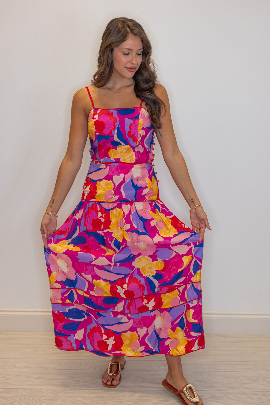 pink blue floral printed midi skirt matching set