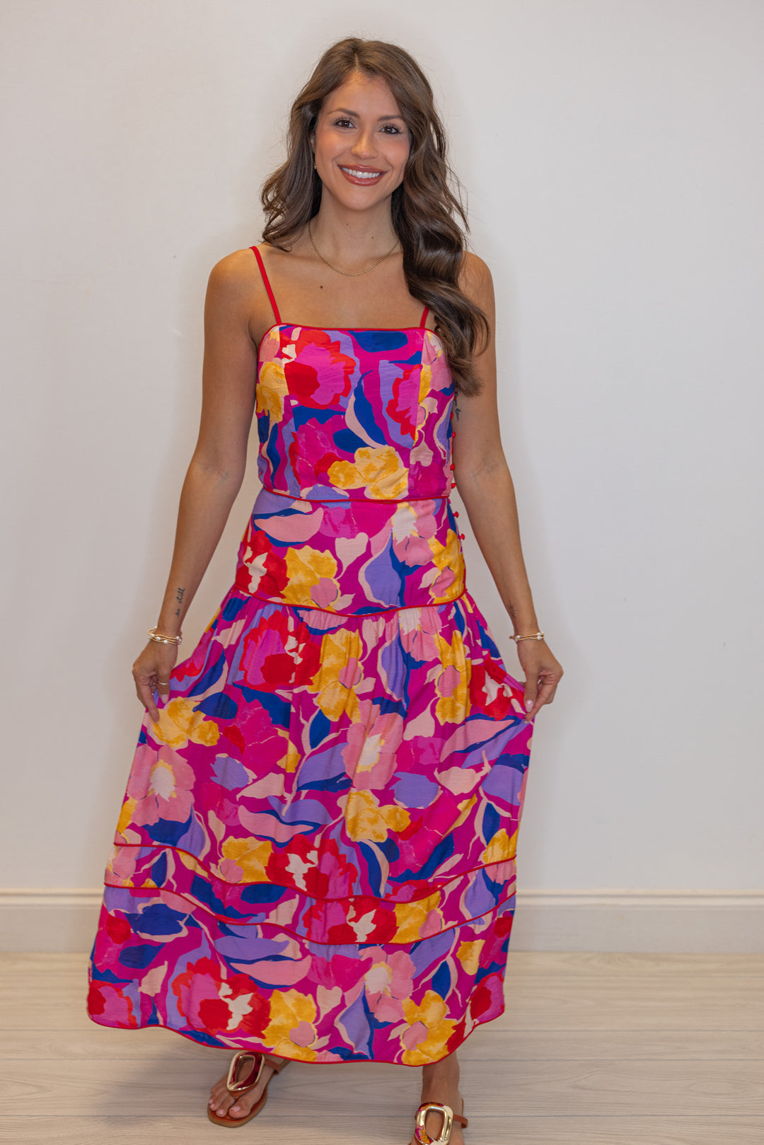 pink blue floral printed midi skirt matching set