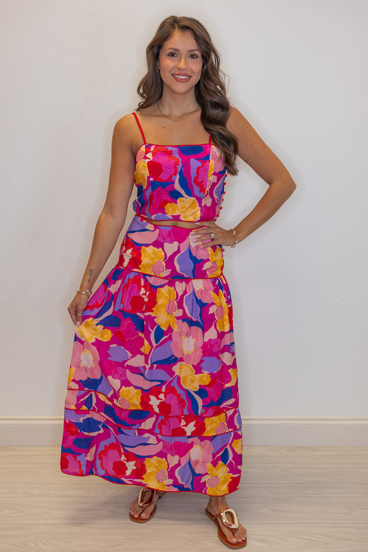 pink blue floral printed midi skirt matching set