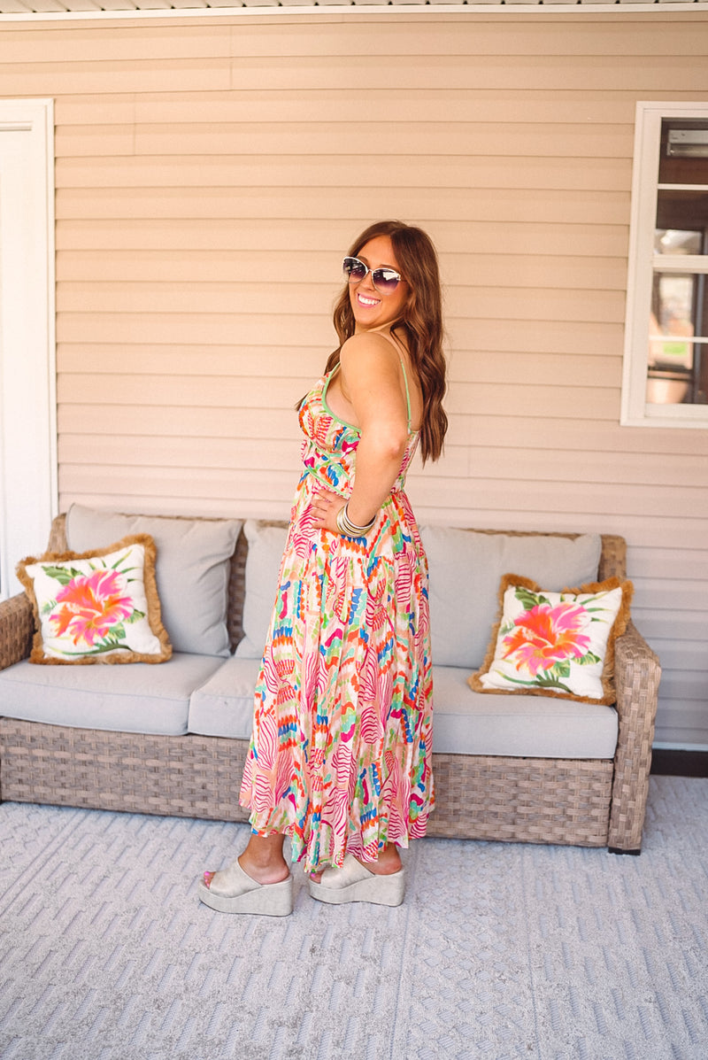 peach printed summer midi dress