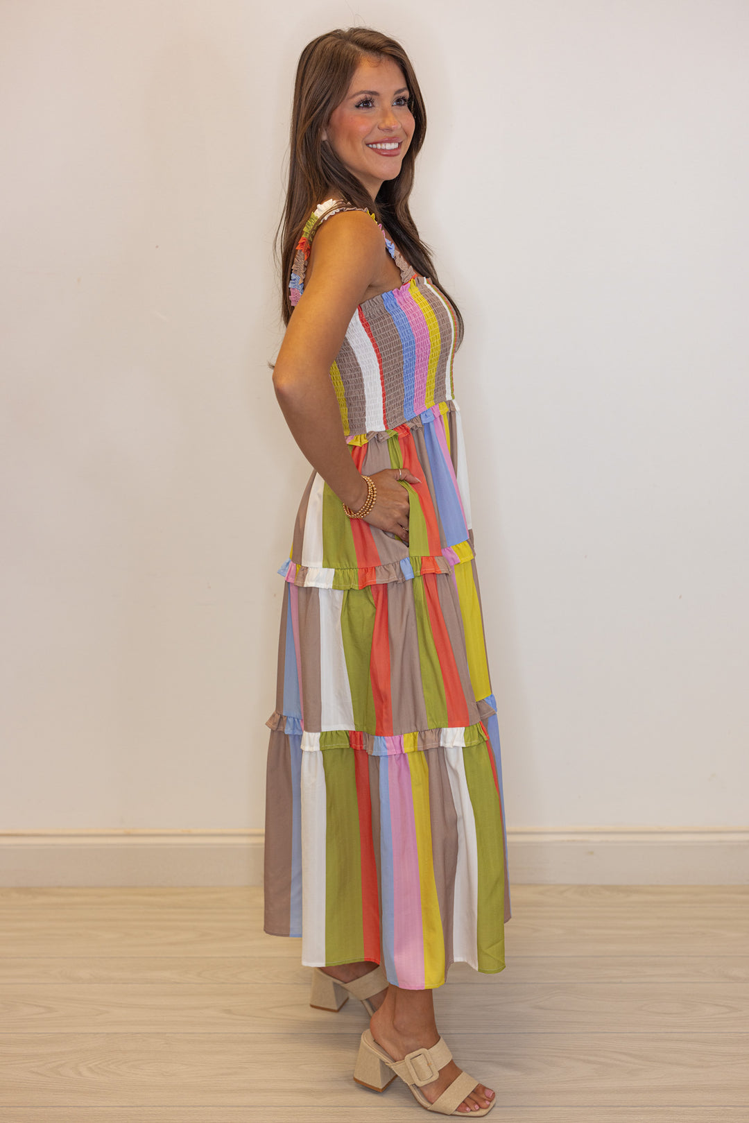 orange taupe stripe smocked chest midi dress