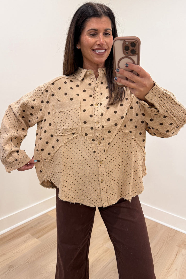 tan with mixed black polka dot print balloon sleeve button front relaxed silhouette cotton gauze top