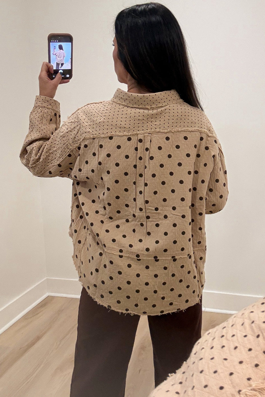 tan with mixed black polka dot print cuffed long balloon sleeve button front cotton gauze top