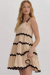 Entro Tan tiered sleeveless dress with black scalloped piping trim