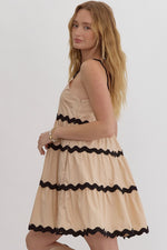 Entro Tan tiered sleeveless dress with black scalloped piping trim