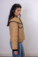 tan black ric rac trim quilted jacket