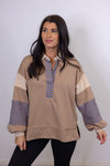 tan blue stripe collared pullover top