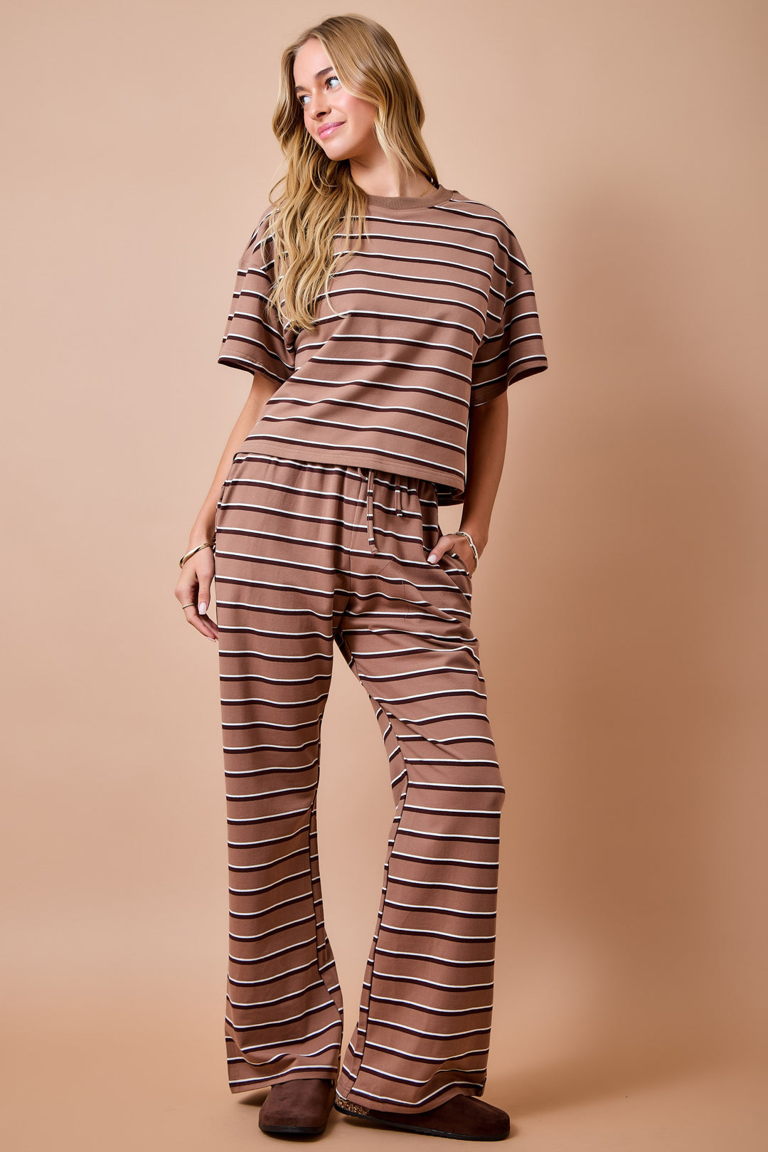 tan and brown stripe pants set