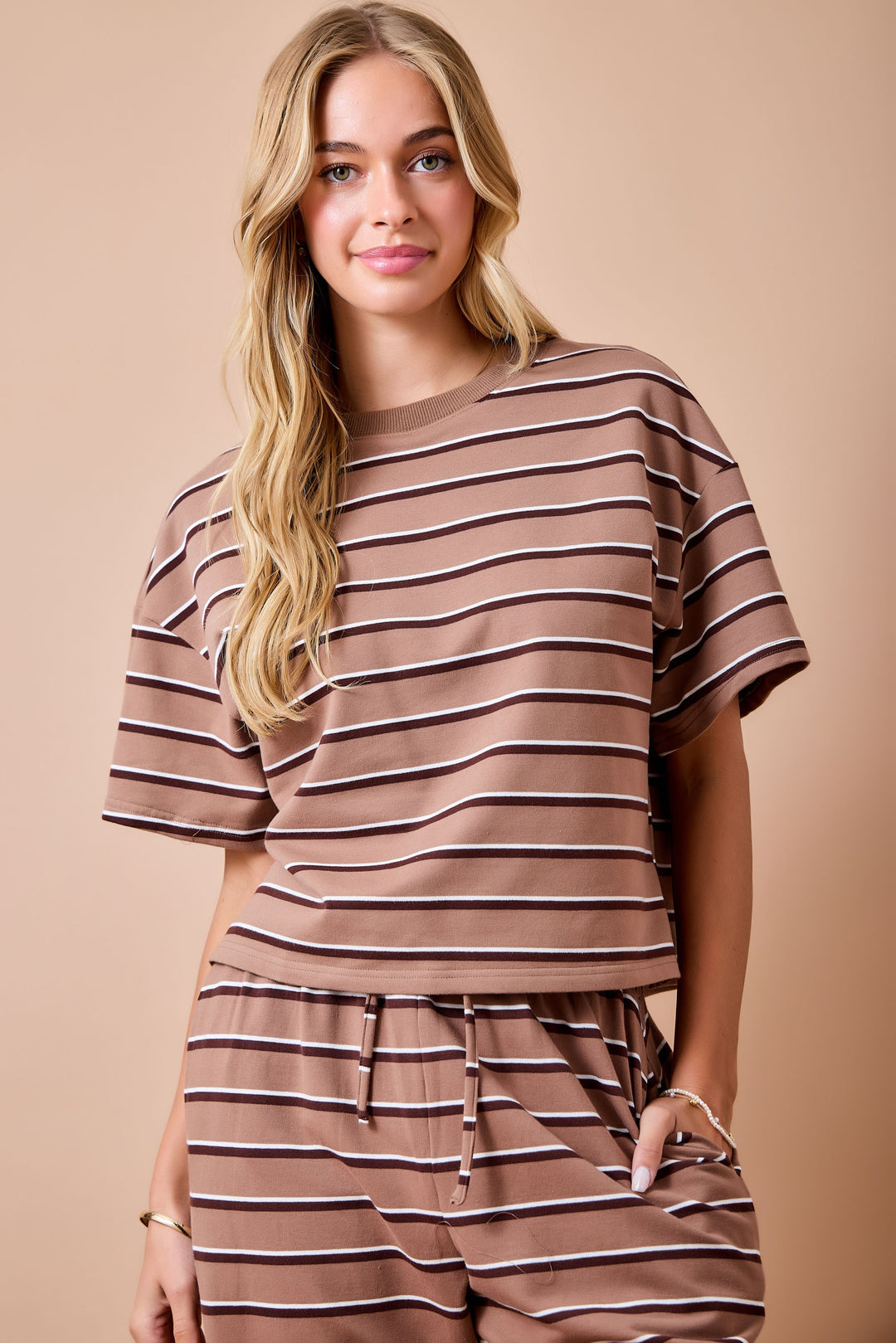 tan and chocolate brown stripe pants set