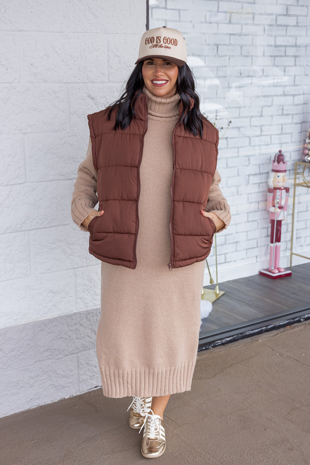 Women's taupe knit long sleeve turtleneck midi sweater dress by GeeGee shown styled as an outfit