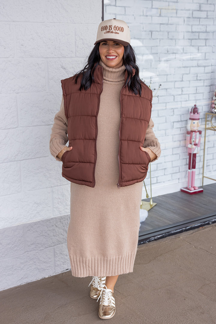 Women's taupe knit long sleeve turtleneck midi sweater dress by GeeGee shown styled as an outfit