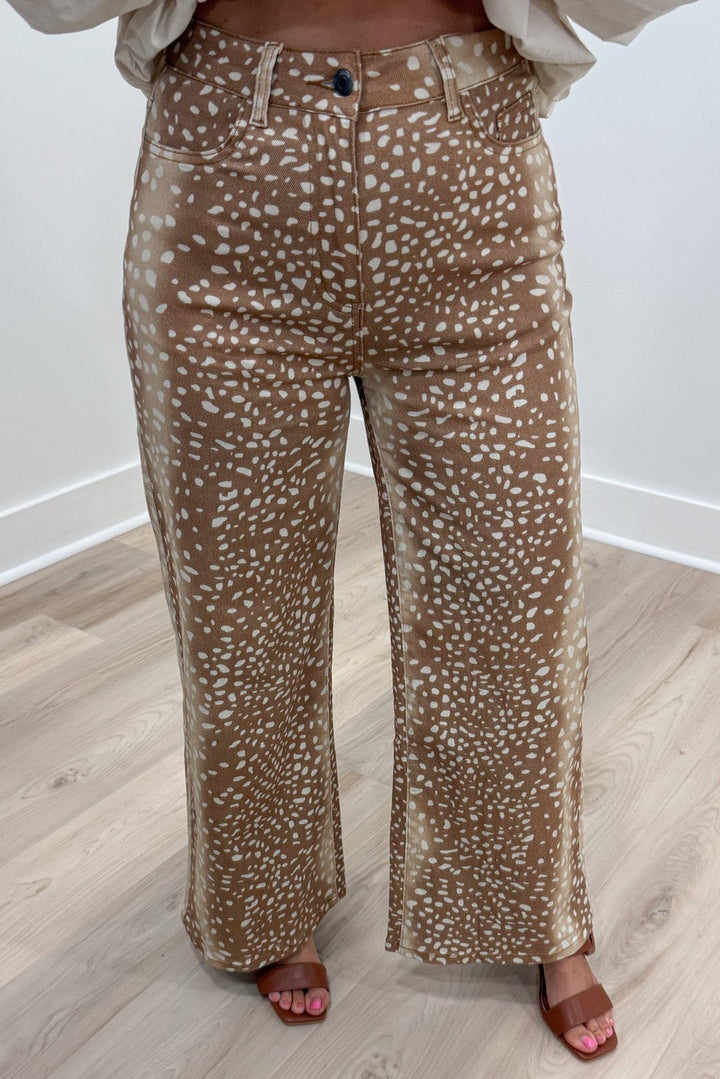 tan and cream deer print button zipper fly wide leg lightweight twill denim pants