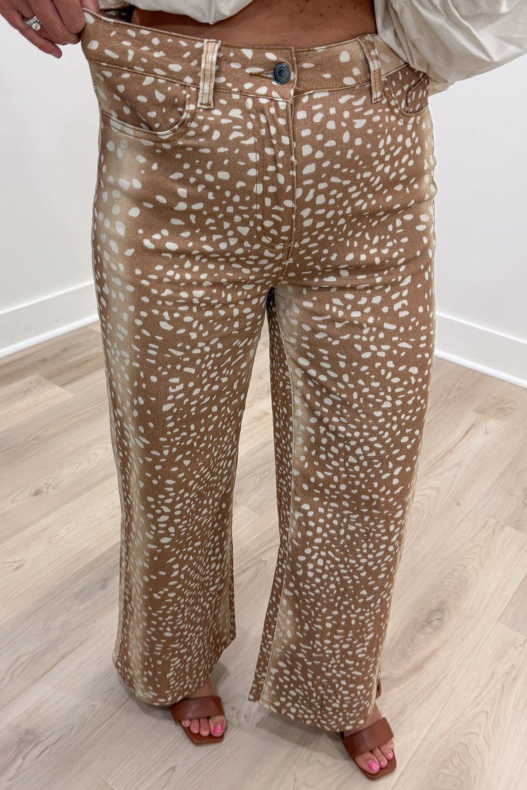 tan and cream deer print wide leg five pocket design lightweight twill denim pants with belt loops