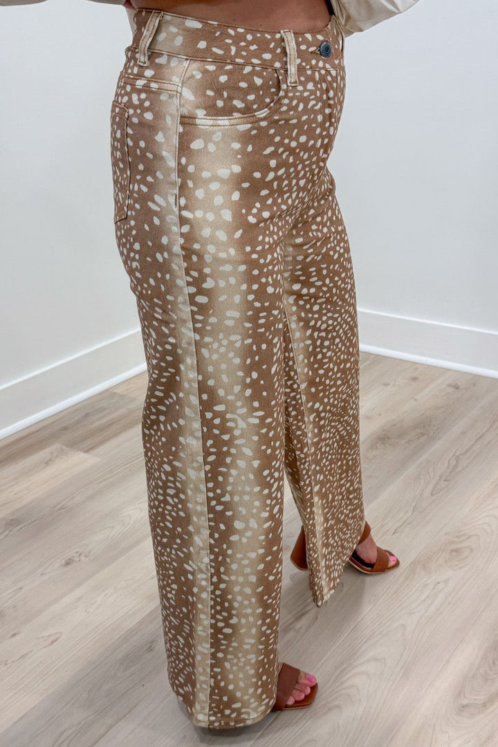 tan and cream deer print comfy wide leg five pocket design lightweight twill denim pants
