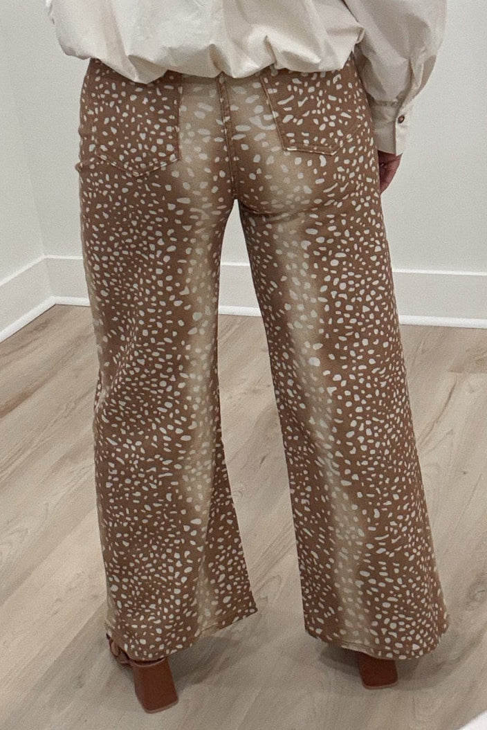 tan and cream deer print wide leg lightweight twill denim pants with back pockets