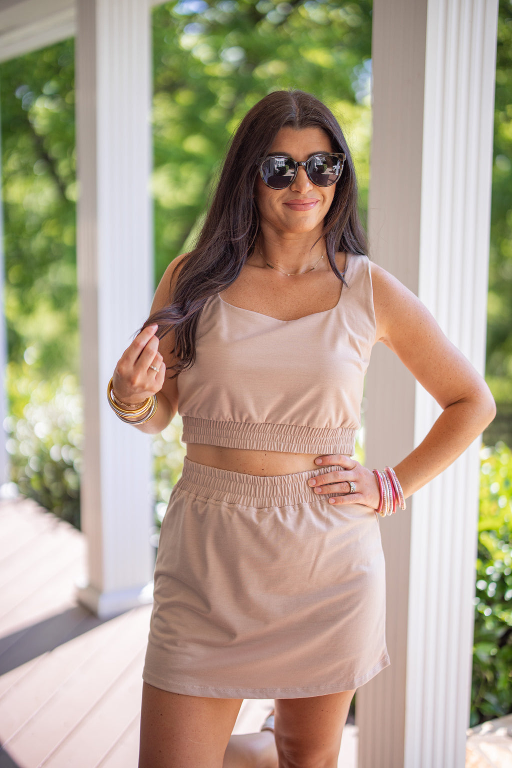 taupe skort cropped tank casual set