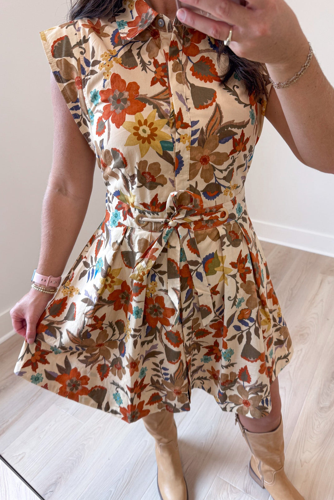 tan with teal and brown floral print sleeveless button down cinch short dress