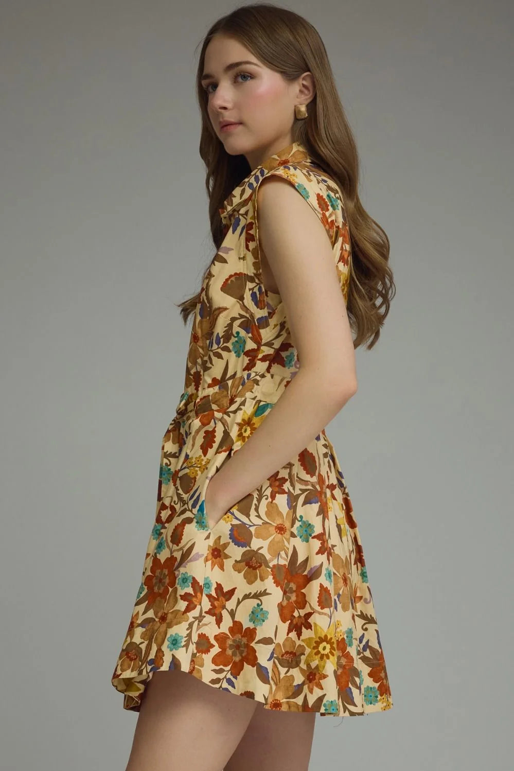 Entro tan floral print button down short dress with cinch waist
