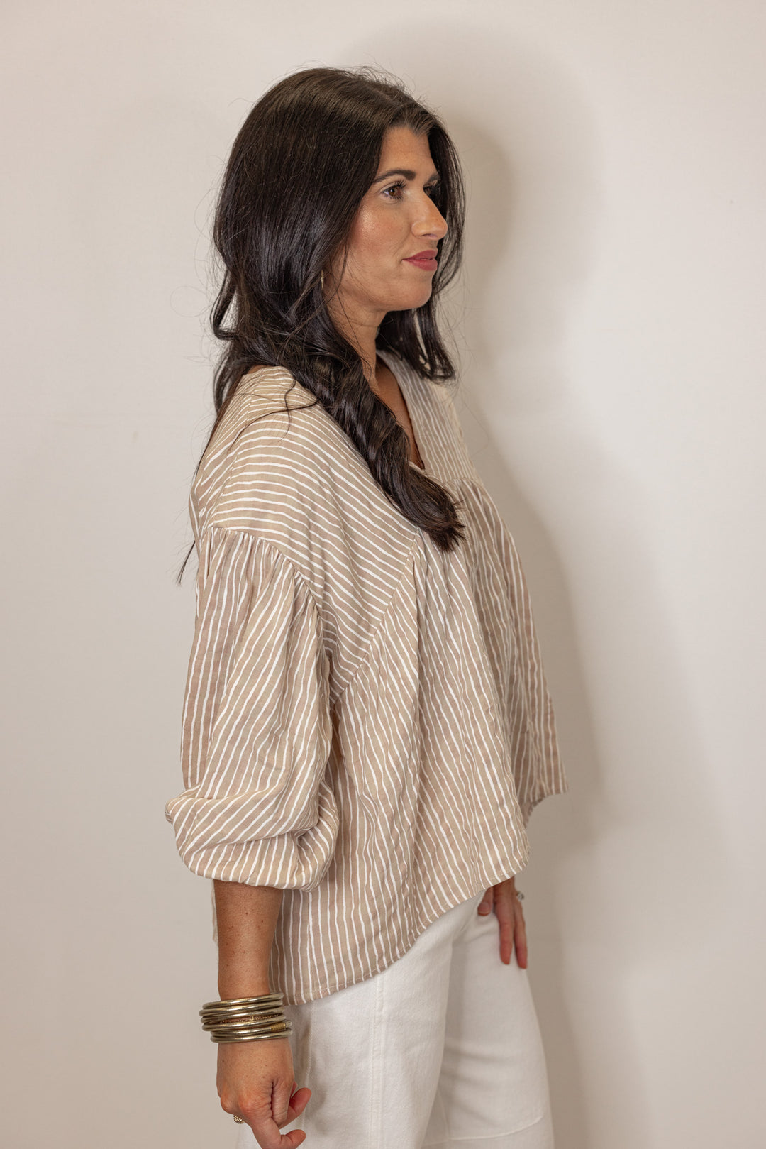 tan white striped linen babydoll top