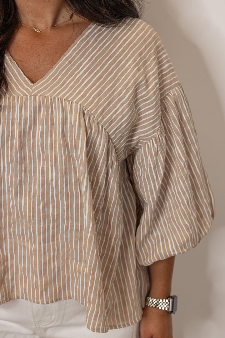tan white striped linen babydoll top