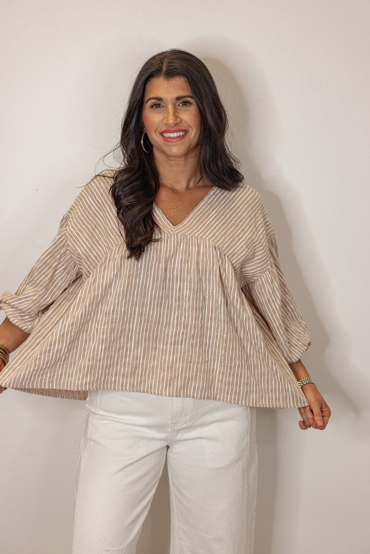 tan white striped linen babydoll top