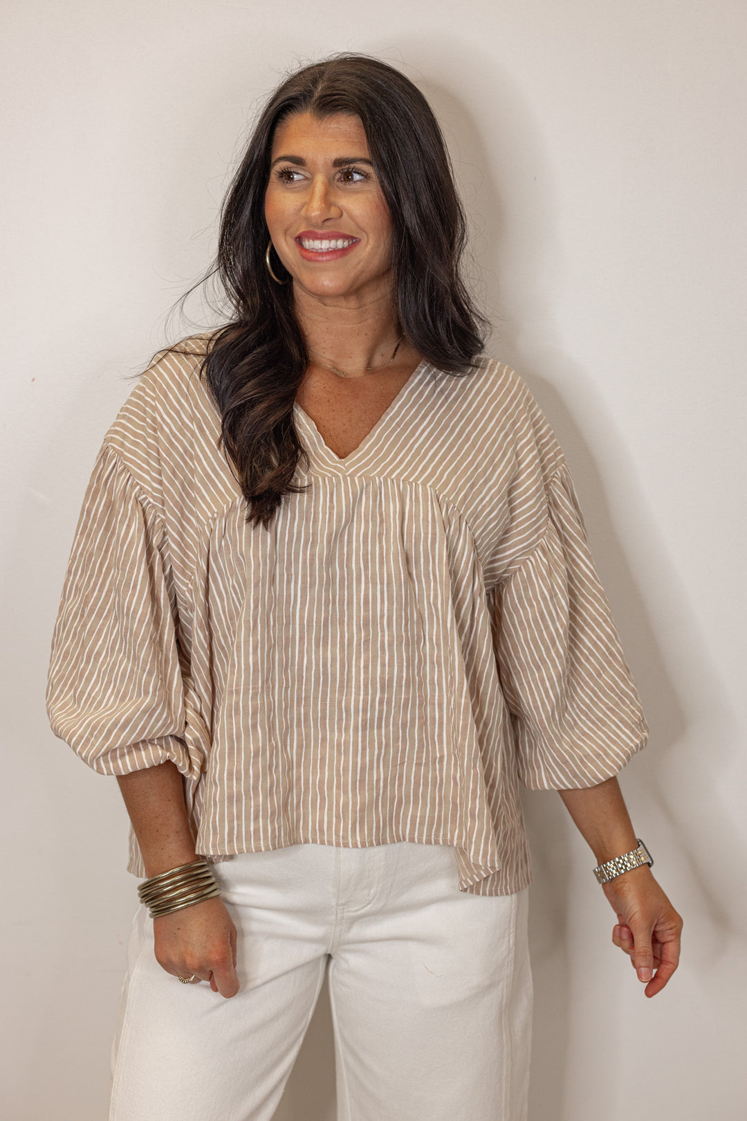 tan white striped linen babydoll top