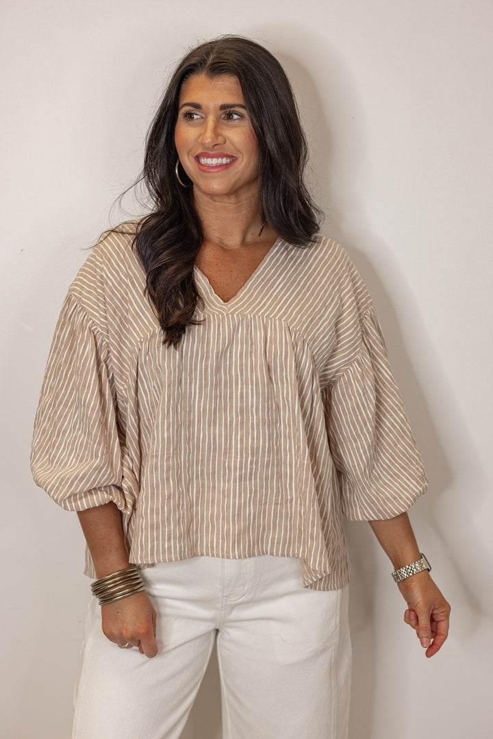 tan white striped linen babydoll top