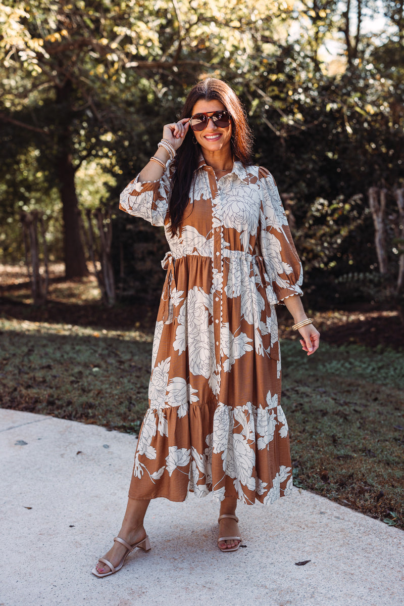 entro caramel ivory floral midi dress