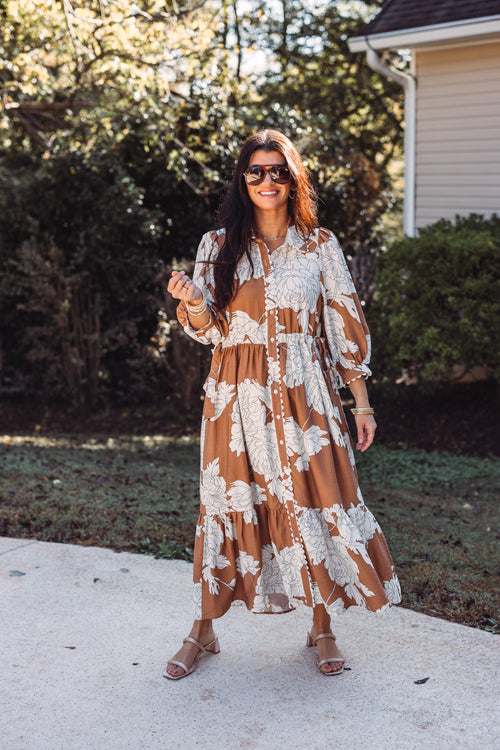 entro caramel ivory floral midi dress