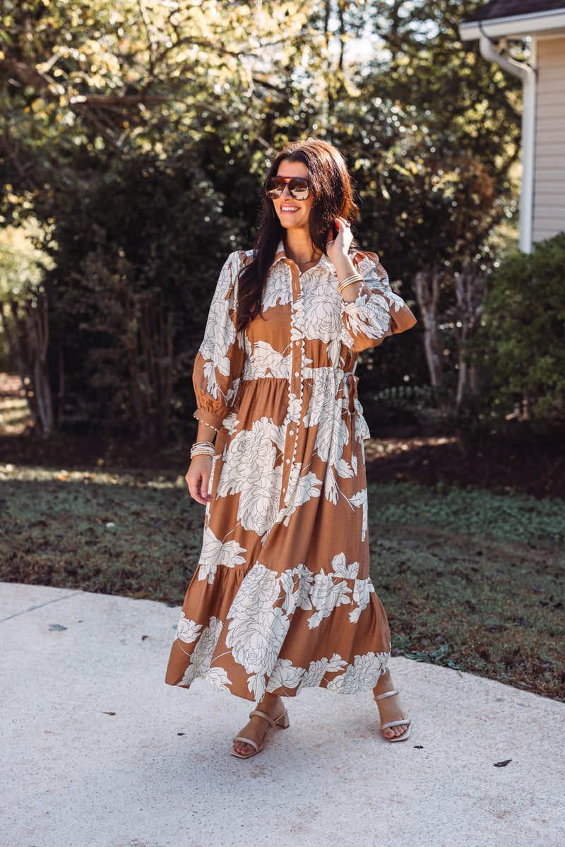 entro caramel ivory floral midi dress