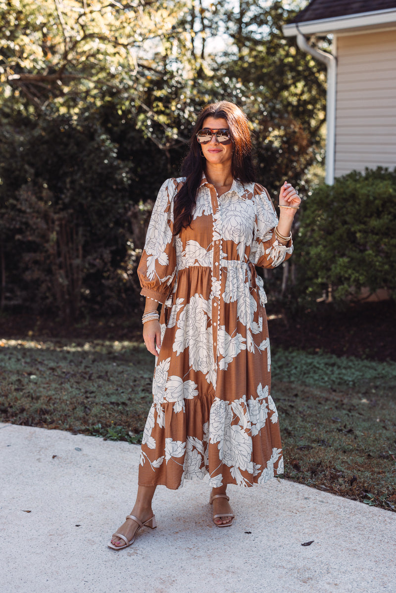 entro caramel ivory floral midi dress