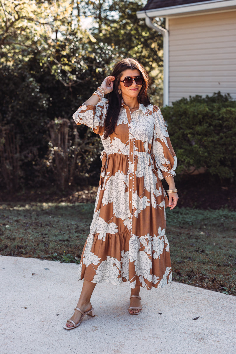 entro caramel ivory floral midi dress