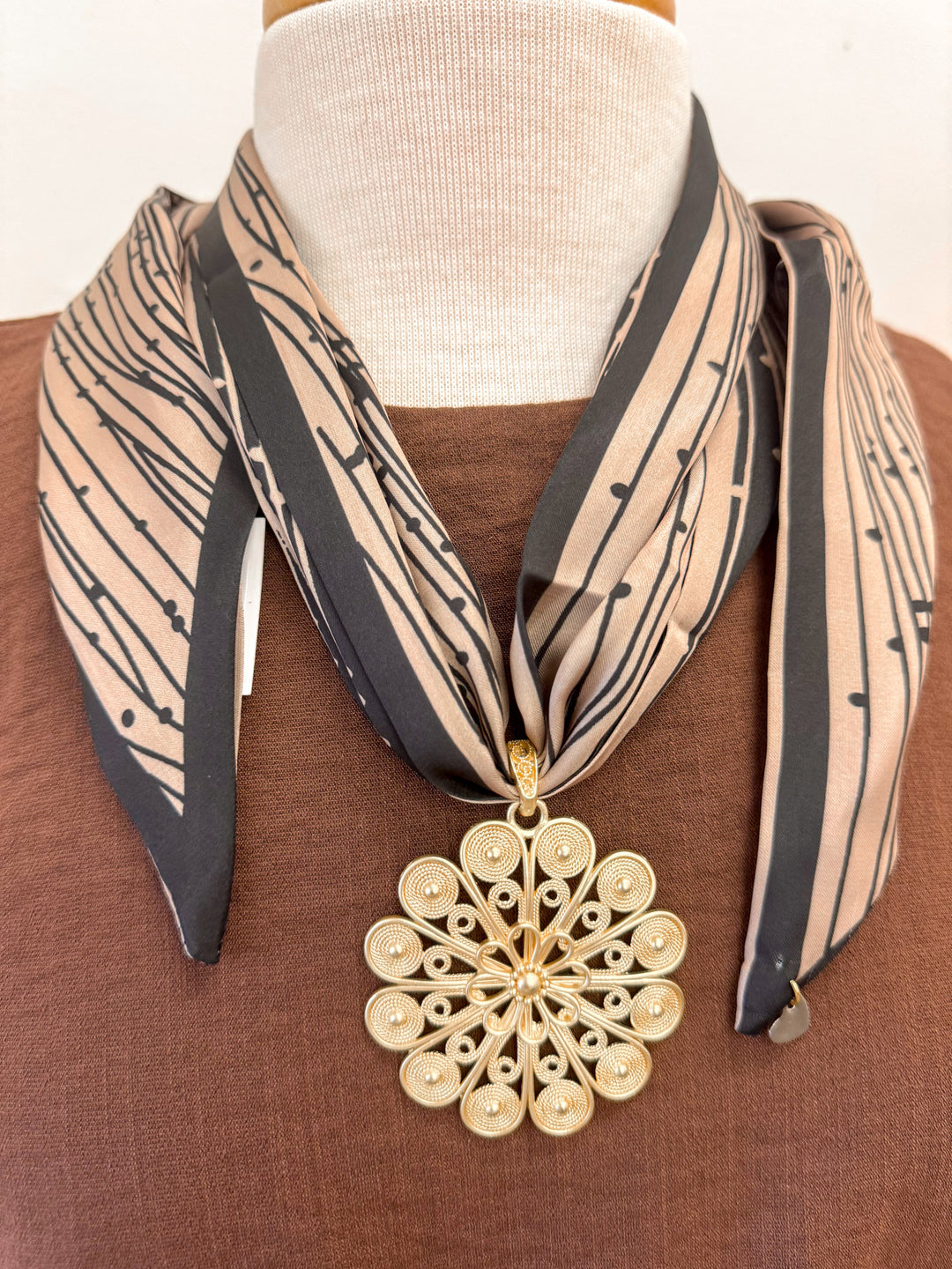 taupe black scarf necklace