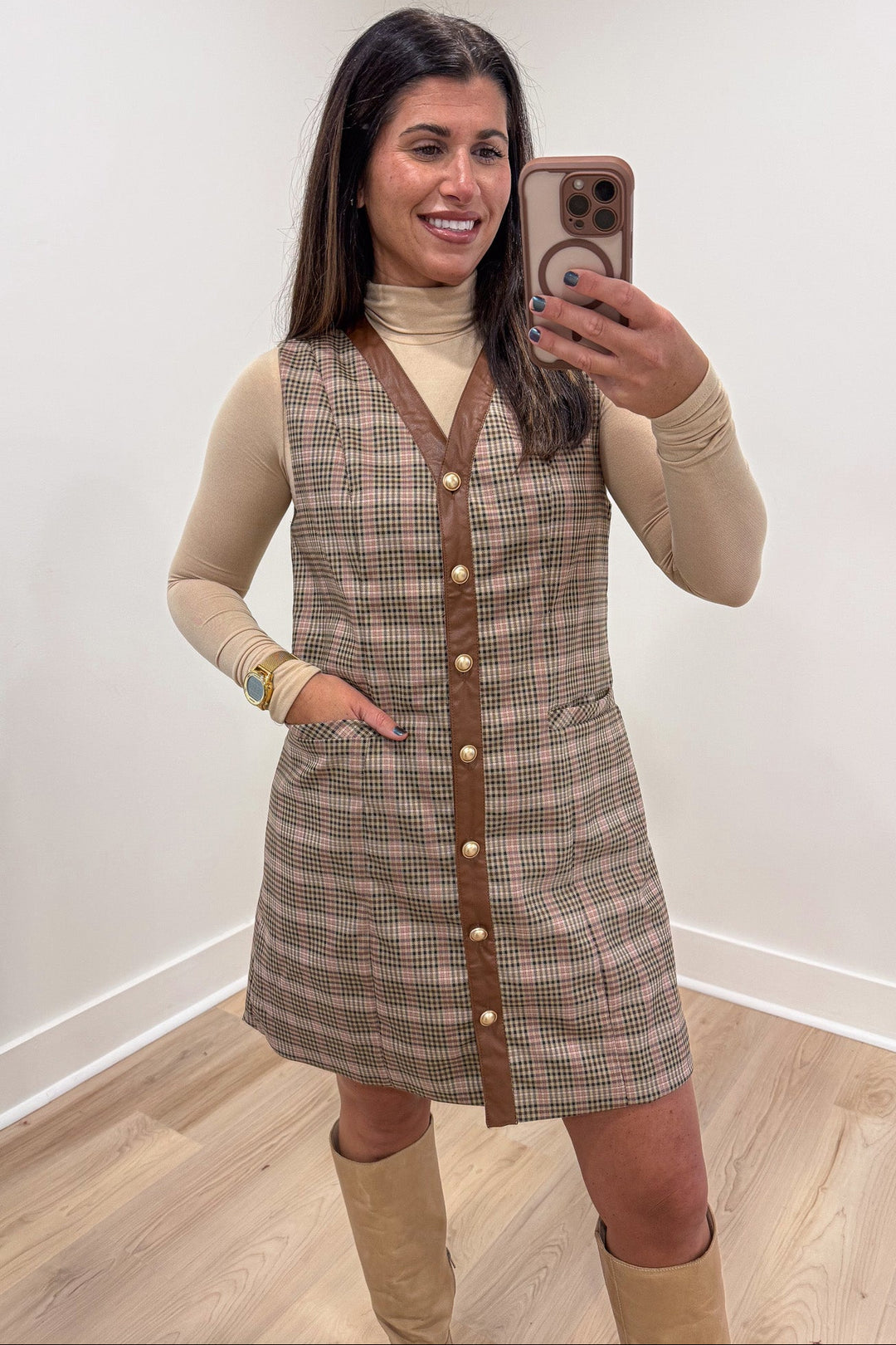 taupe and brown plaid print faux leather trim button front v neckline sleeveless short dress