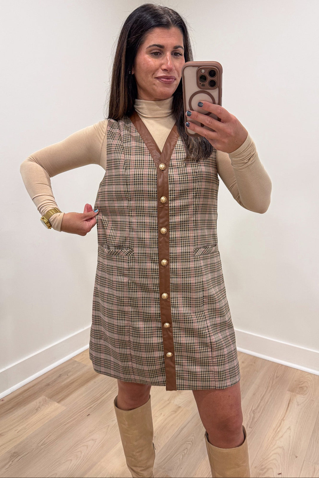 taupe and brown plaid print faux leather trim button front sleeveless relaxed silhouette short dress