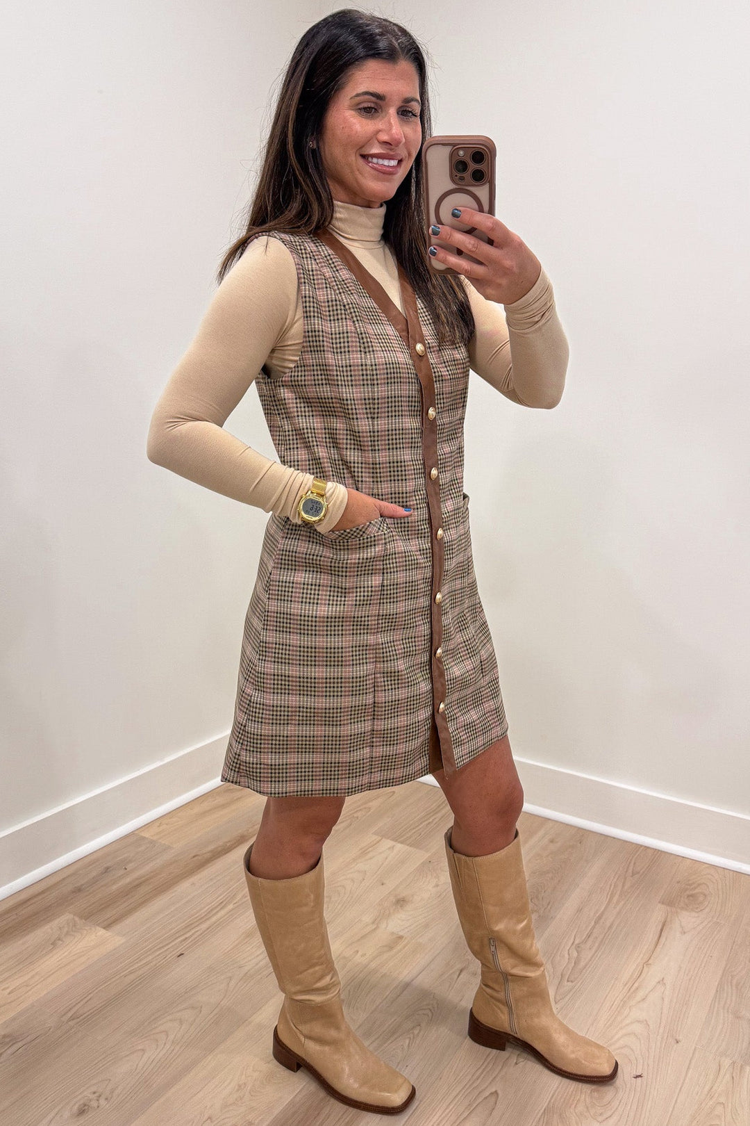 taupe and brown plaid print faux leather trim button front sleeveless short dress with front pockets