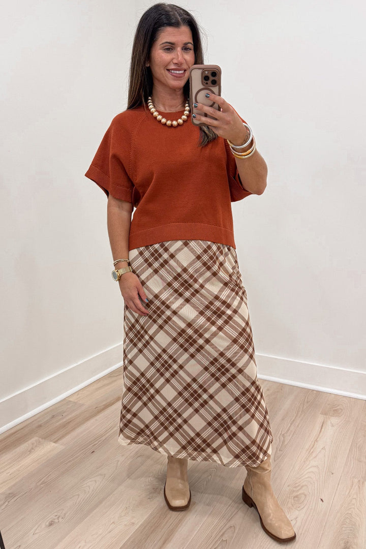 taupe and brown vintage inspired plaid print lightweight fabric midi skirt