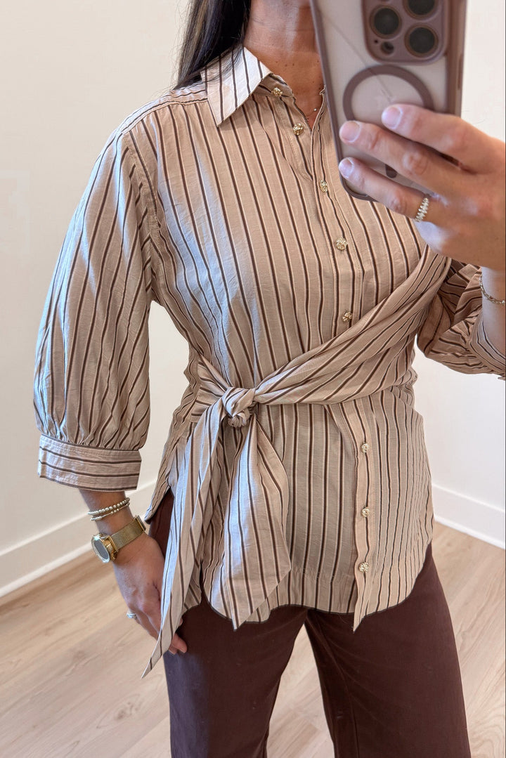 light taupe and brown striped collared neckline button front tie cinch waist half balloon sleeve top